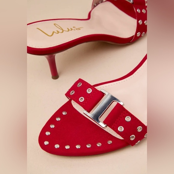 NEW w/Tag (NWT) Lulus Caloway Red Suede Studded Buckle High Heel Slide Sandals - Picture 3 of 5